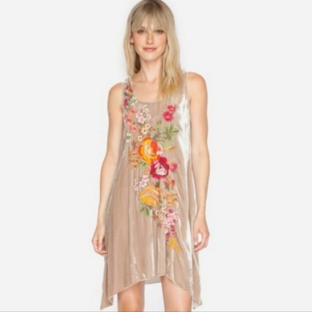 Johnny Was Velvet Dress Tan Sleeveless Tunic Floral Embroidered Size Medium